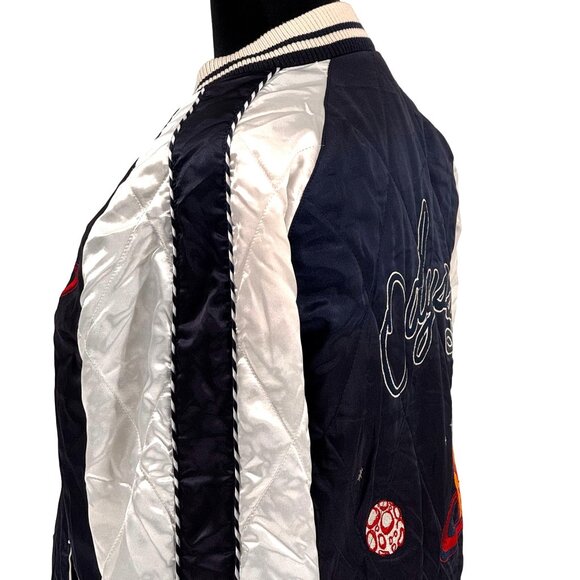 ASOS Satin Varsity Jacket Womens S Odyssey Embroidered Planets Mountains Bomber - Picture 7 of 8